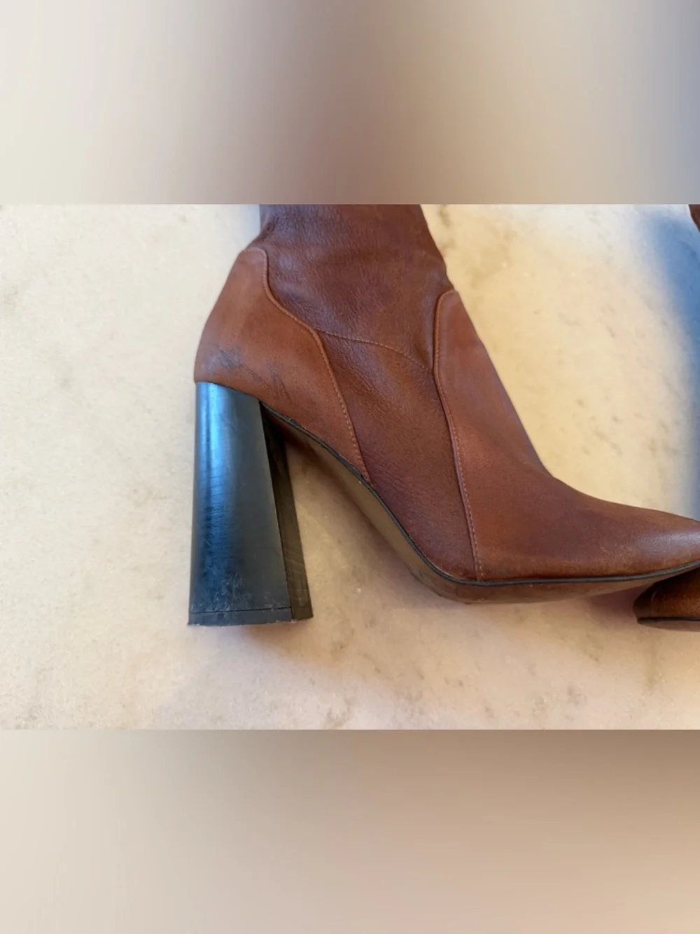 Brown Leather Ankle Boots Block Heel Pointed Toe Booties Chic Minimalist Style